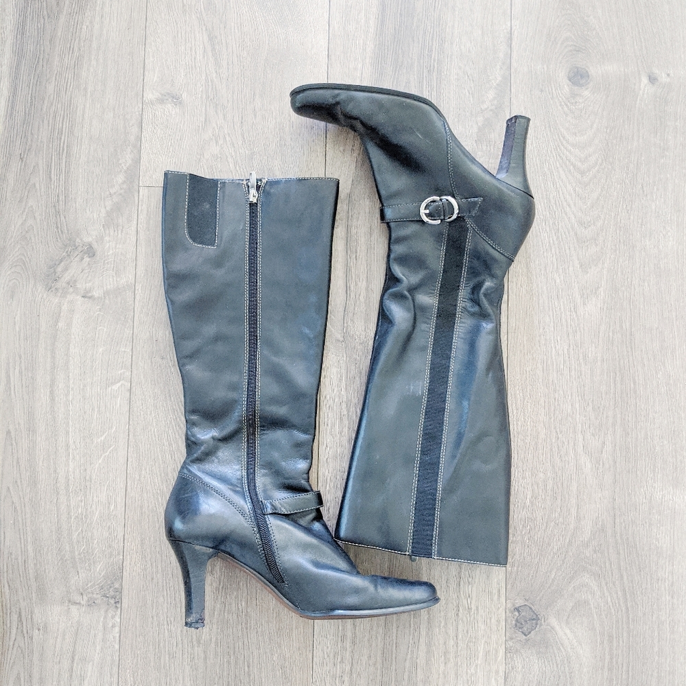 Anne Klein black heel boots silver belt detail